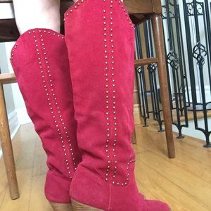 Knee-high studded red suede boots